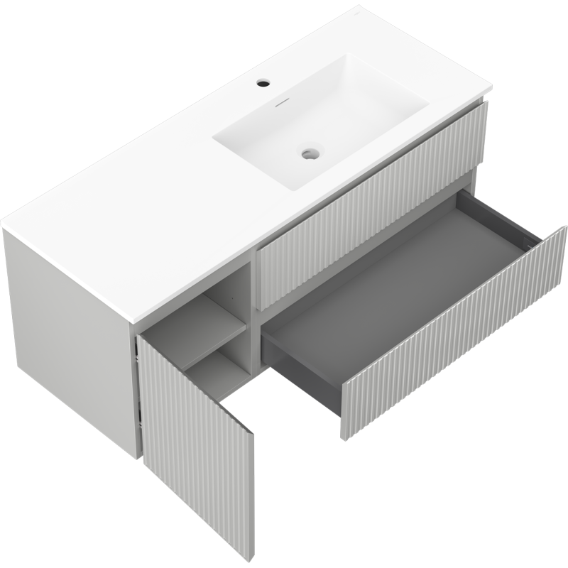Mexen Rivel kúpeľňová skrinka 120 cm s umývadlom Otis pravá, 2S, 1D, ryhovaná, sivá/biela mat - 91A23-12047-3-BBFFF62-W18P01