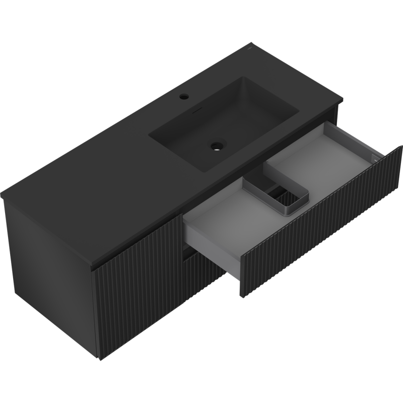 Mexen Rivel kúpeľňová skrinka 120 cm s umývadlom Otis pravá, 2S, 1D, ryhovaná, čierna mat - 91A23-12047-3-BBFFF71-W18P71