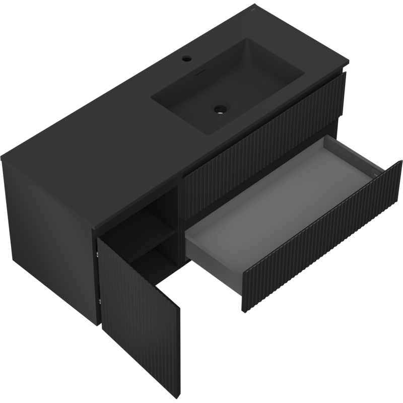Mexen Rivel kúpeľňová skrinka 120 cm s umývadlom Otis pravá, 2S, 1D, ryhovaná, čierna mat - 91A23-12047-3-BBFFF71-W18P71