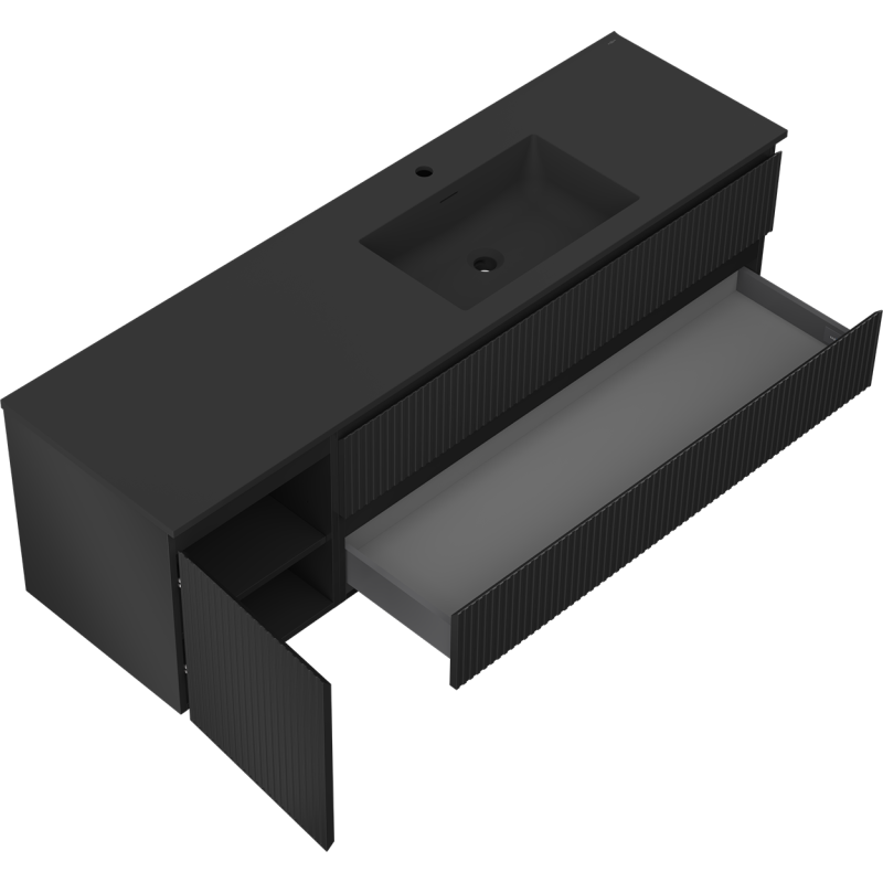 Mexen Rivel kúpeľňová skrinka 160 cm s umývadlom Otis pravá, 2S, 1D, ryhovaná, čierna mat - 91A23-16047-3-BBFFF71-W18P71