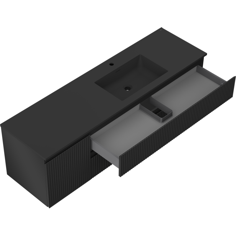 Mexen Rivel kúpeľňová skrinka 160 cm s umývadlom Otis pravá, 2S, 1D, ryhovaná, čierna mat - 91A23-16047-3-BBFFF71-W18P71