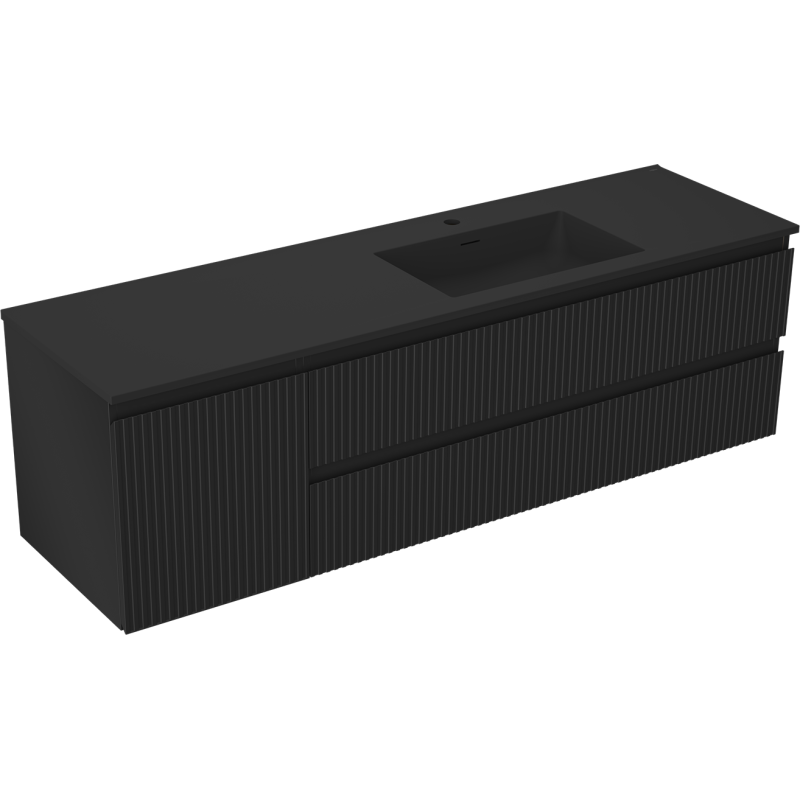 Mexen Rivel kúpeľňová skrinka 160 cm s umývadlom Otis pravá, 2S, 1D, ryhovaná, čierna mat - 91A23-16047-3-BBFFF71-W18P71