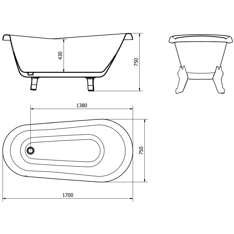 Mexen Retro voľne stojaca vaňa 170 x 75 cm, biela, biele nohy - 53251707500-20