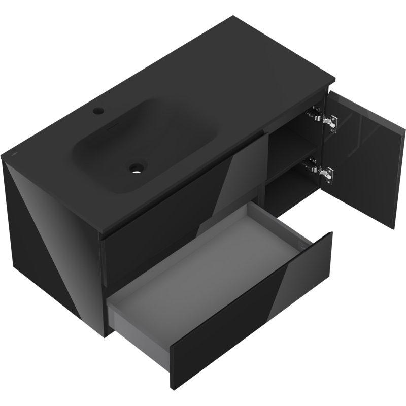 Mexen Orio kúpeľňová skrinka 100 cm s umývadlom Vela ľavým, 2S, 1D, čierny lesk/čierny mat
