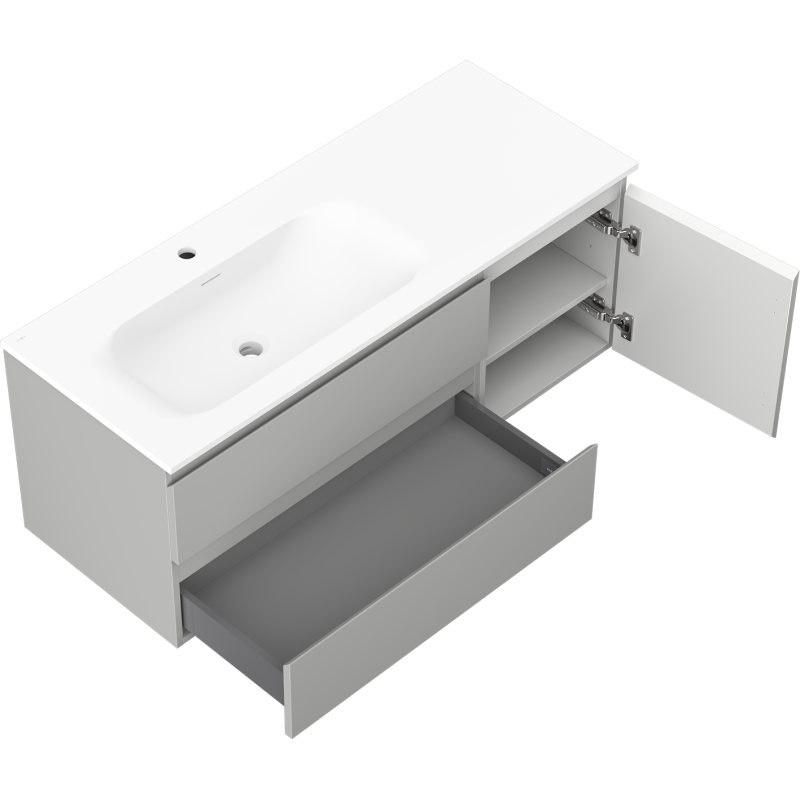 Mexen Orio skrinka do kúpeľne 120 cm s umývadlom Vela ľavou, 2S, 1D, sivá mat/biela mat - 91A13-12047-3-BBFFF62-W23L01