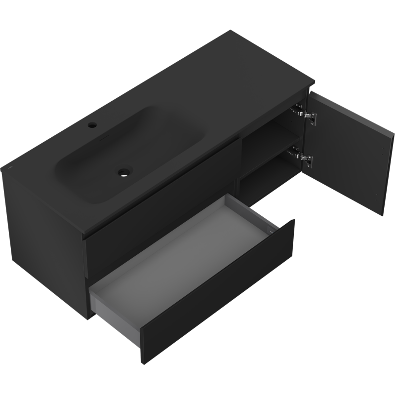 Mexen Orio kúpeľňová skrinka 120 cm s ľavým umývadlom Vela, 2S, 1D, čierna matná - 91A13-12047-3-BBFFF71-W23L71