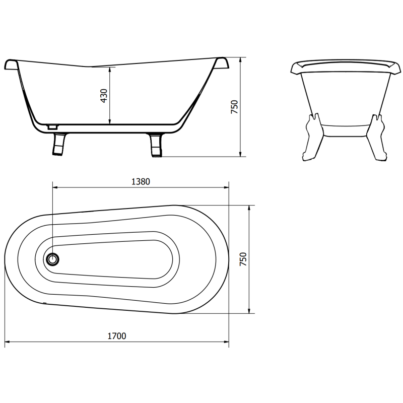 Mexen Retro voľne stojaca vaňa 170 x 75 cm, biela/čierna, nohy chróm - 53251707575-00