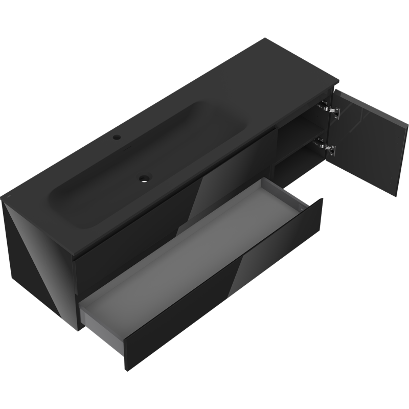 Mexen Orio kúpeľňová skrinka 160 cm s umývadlom Vela ľavá, 2S, 1D, čierny lesk/čierny mat - 91A13-16047-3-BBFFF70-W23L71