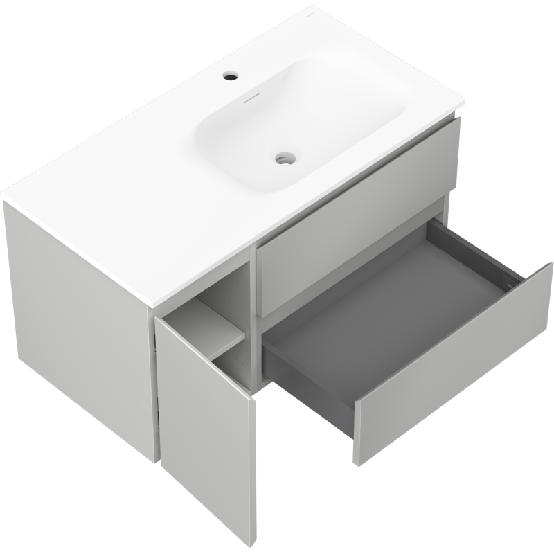 Mexen Orio kúpeľňová skrinka 90 cm s umývadlom Vela vpravo, 2S, 1D, šedá matná/biela matná - 91A13-09047-3-BBFFF62-W23P01