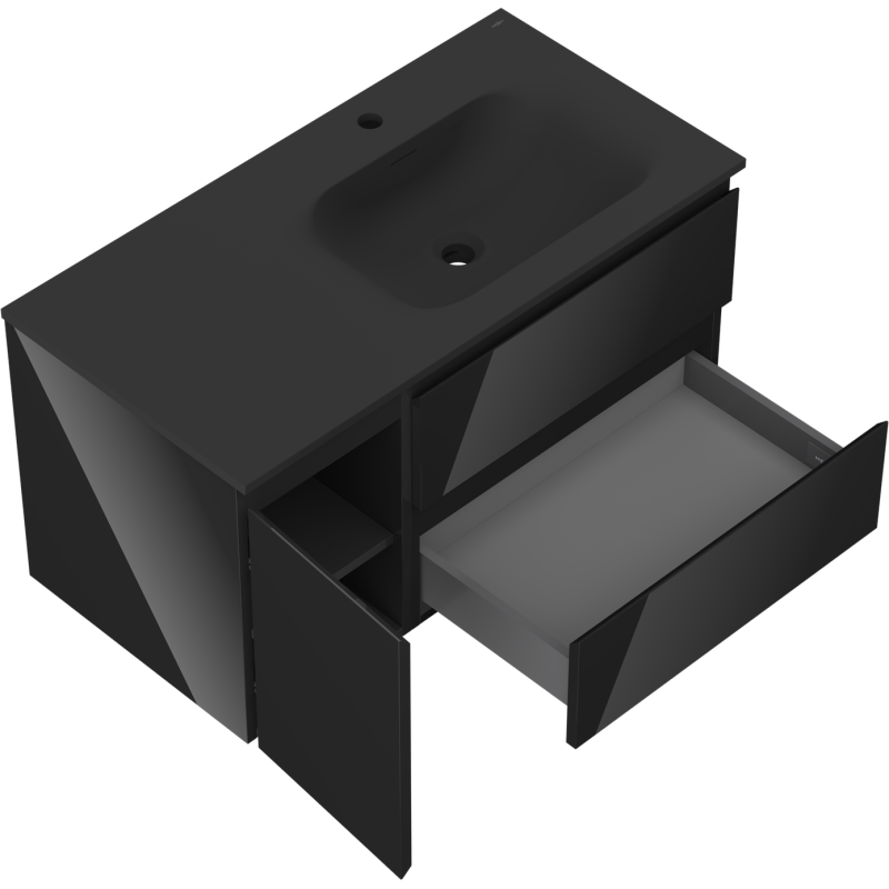 Mexen Orio kúpeľňová skrinka 90 cm s umývadlom Vela pravá, 2S, 1D, čierny lesk/čierny mat - 91A13-09047-3-BBFFF70-W23P71