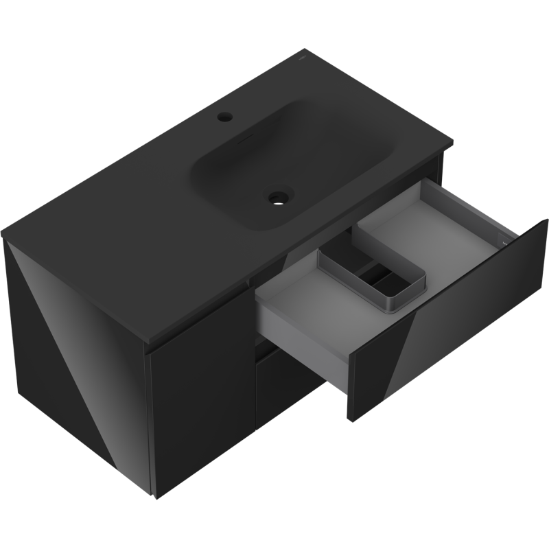 Mexen Orio kúpeľňová skrinka 90 cm s umývadlom Vela pravá, 2S, 1D, čierny lesk/čierny mat - 91A13-09047-3-BBFFF70-W23P71