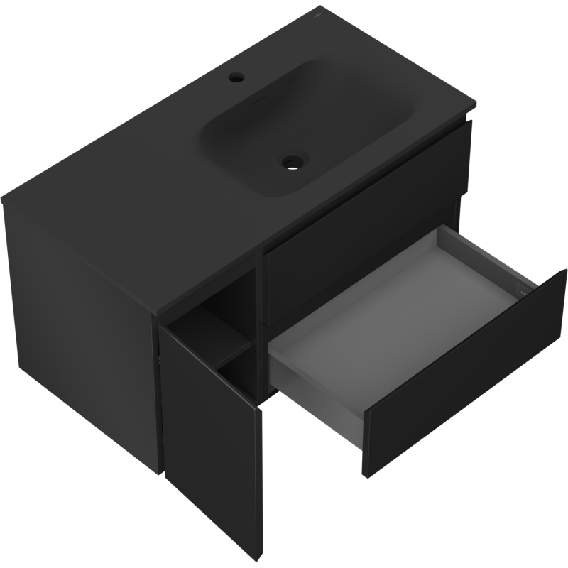 Mexen Orio kúpeľňová skrinka 90 cm s pravým umývadlom Vela, 2S, 1D, čierna matná - 91A13-09047-3-BBFFF71-W23P71