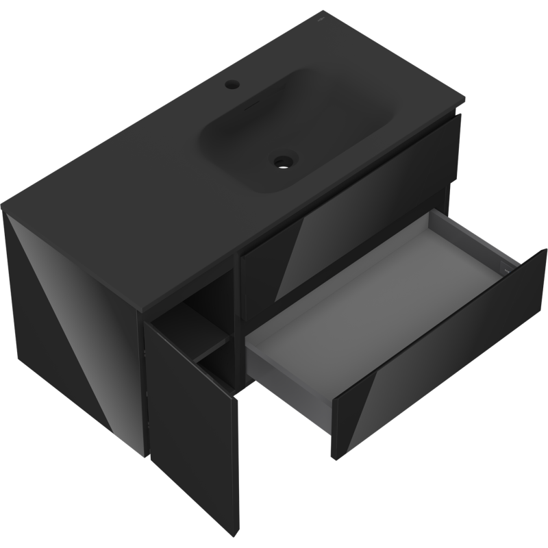 Mexen Orio kúpeľňová skrinka 100 cm s umývadlom Vela pravá, 2S, 1D, čierna lesklá/čierna matná