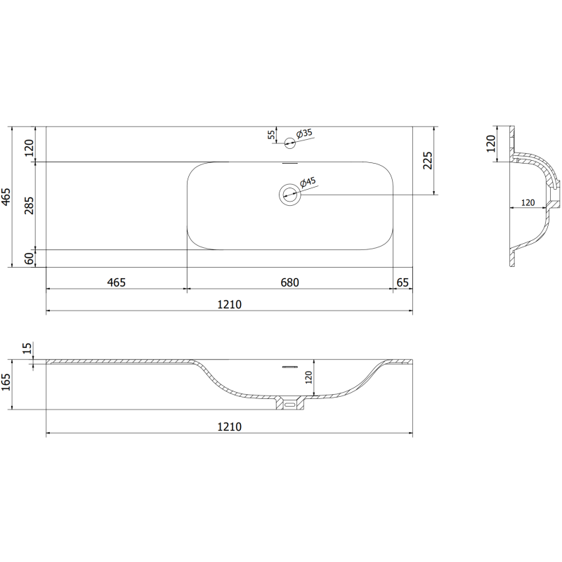 Mexen Orio kúpeľňová skrinka 120 cm s umývadlom Vela pravá, 2S, 1D, sivá mat/biela mat - 91A13-12047-3-BBFFF62-W23P01