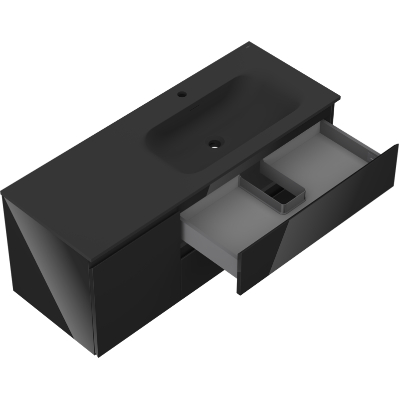 Mexen Orio kúpeľňová skrinka 120 cm s umývadlom Vela pravá, 2S, 1D, čierna lesk/čierna mat - 91A13-12047-3-BBFFF70-W23P71
