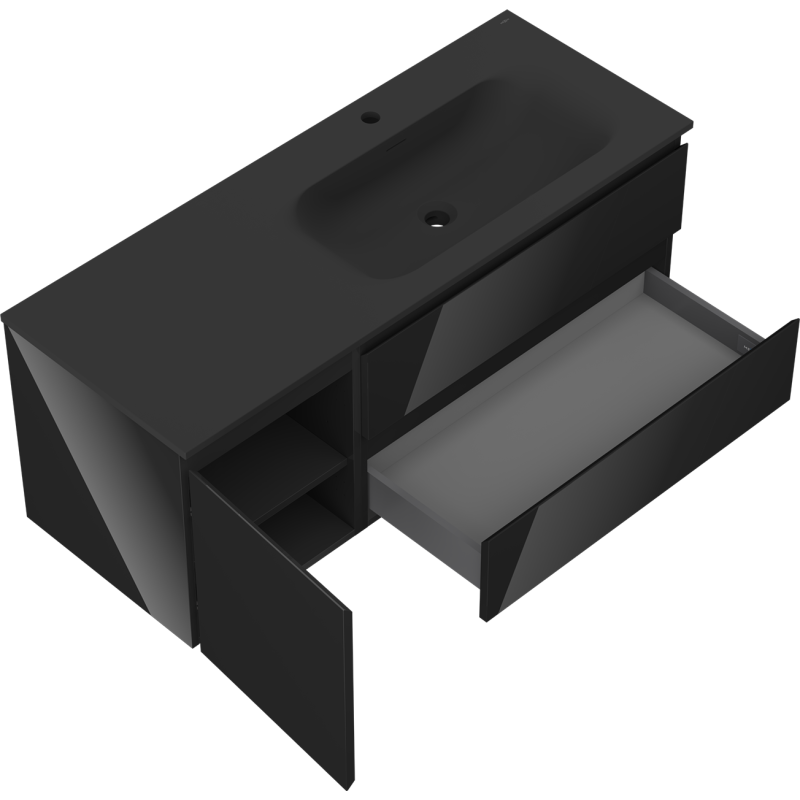 Mexen Orio kúpeľňová skrinka 120 cm s umývadlom Vela pravá, 2S, 1D, čierna lesk/čierna mat - 91A13-12047-3-BBFFF70-W23P71