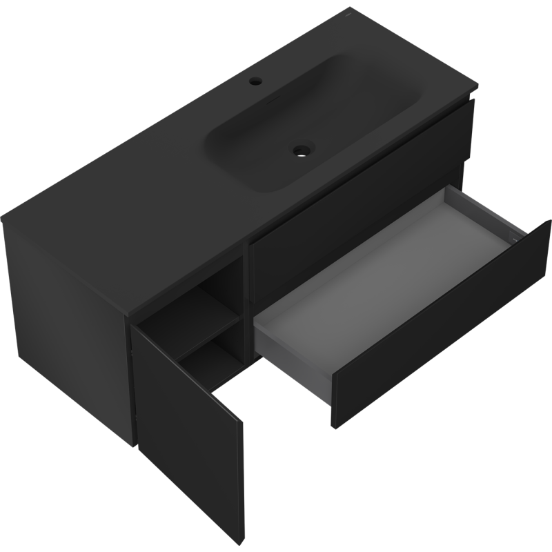 Mexen Orio kúpeľňová skrinka 120 cm s umývadlom Vela pravá, 2S, 1D, čierna matná - 91A13-12047-3-BBFFF71-W23P71