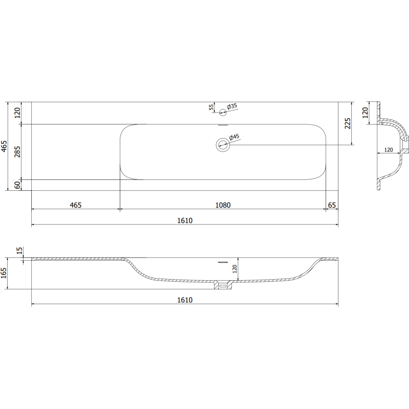 Mexen Orio kúpeľňová skrinka 160 cm s umývadlom Vela pravá, 2S, 1D, grafit mat/biela mat - 91A13-16047-3-BBFFF66-W23P01