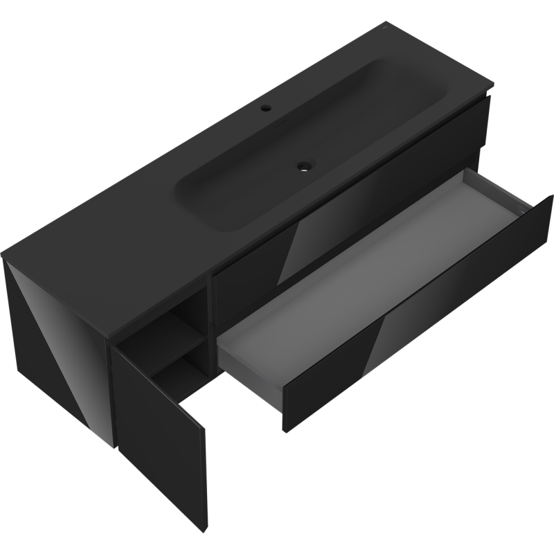 Mexen Orio kúpeľňová skrinka 160 cm s umývadlom Vela pravým, 2S, 1D, čierny lesk/čierna mat - 91A13-16047-3-BBFFF70-W23P71