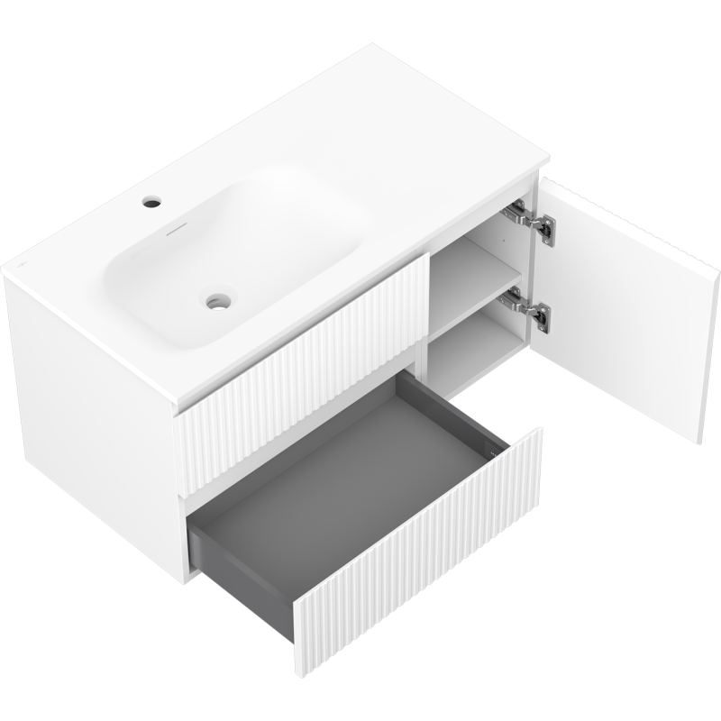 Mexen Rivel kúpeľňová skrinka 90 cm s umývadlom Vela ľavým, 2S, 1D, ryhované, biela matná - 91A23-09047-3-BBFFF01-W23L01
