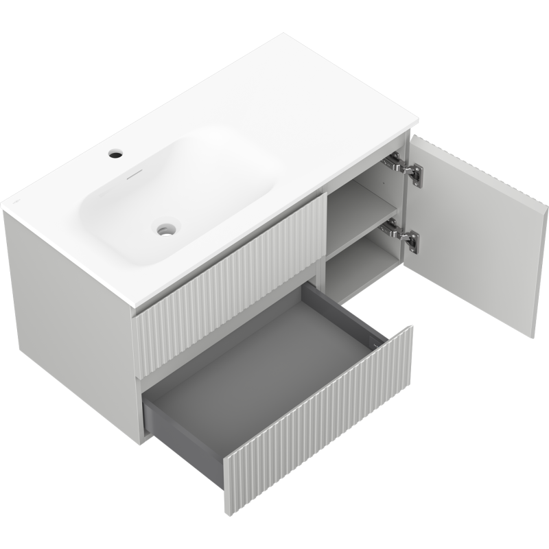 Mexen Rivel kúpeľňová skrinka 90 cm s umývadlom Vela ľavou, 2S, 1D, ryhovaná, sivá mat/biela mat - 91A23-09047-3-BBFFF62-W23L01