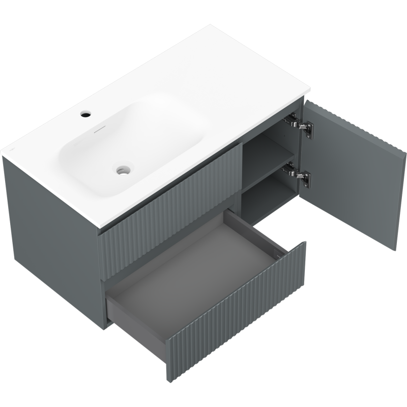 Mexen Rivel kúpeľňová skrinka 90 cm s umývadlom Vela ľavé, 2S, 1D, ryhovaná, grafit mat/biela mat - 91A23-09047-3-BBFFF66-W23L01