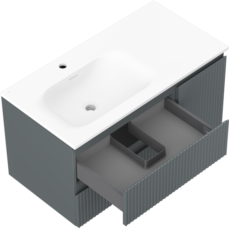 Mexen Rivel kúpeľňová skrinka 90 cm s umývadlom Vela ľavé, 2S, 1D, ryhovaná, grafit mat/biela mat - 91A23-09047-3-BBFFF66-W23L01
