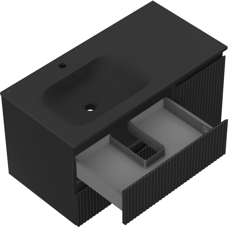 Mexen Rivel kúpeľňová skrinka 90 cm s umývadlom Vela ľavým, 2S, 1D, ryhovaná, čierna matná - 91A23-09047-3-BBFFF71-W23L71