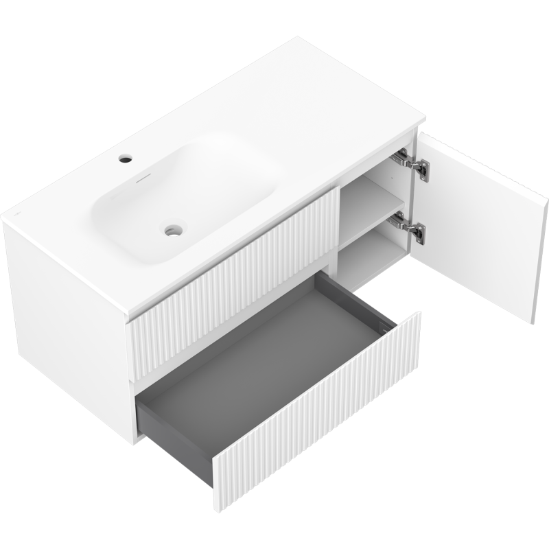 Mexen Rivel kúpeľňová skrinka 100 cm s umývadlom Vela ľavou, 2S, 1D, ryhovaná, biela matná - 91A23-10047-3-BBFFF01-W23L01