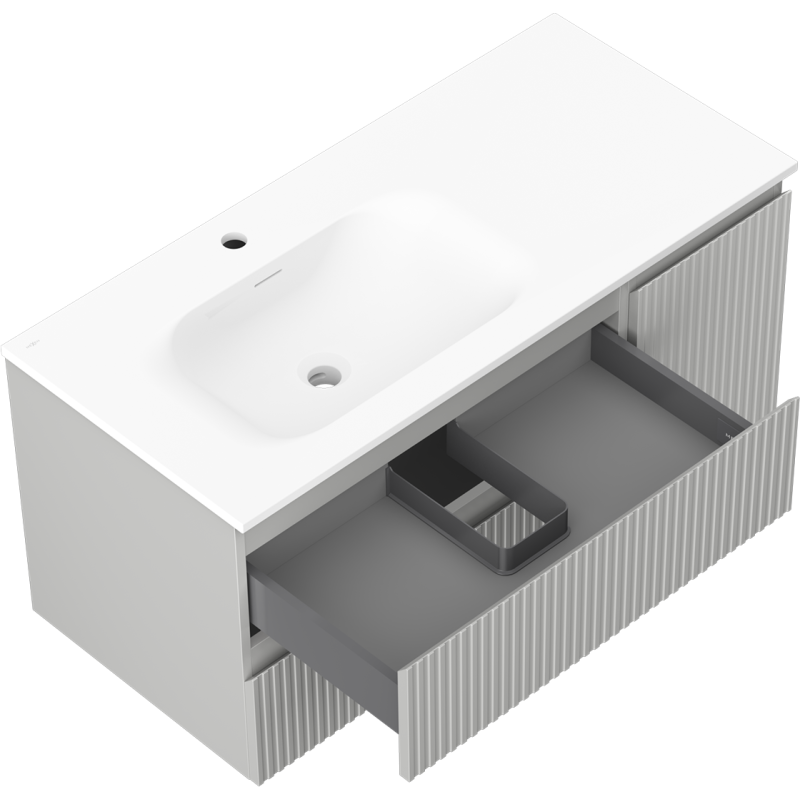 Mexen Rivel kúpeľňová skrinka 100 cm s ľavým umývadlom Vela, 2 zásuvky, 1 dvere, vrúbkovaná, sivá matná/biela matná
