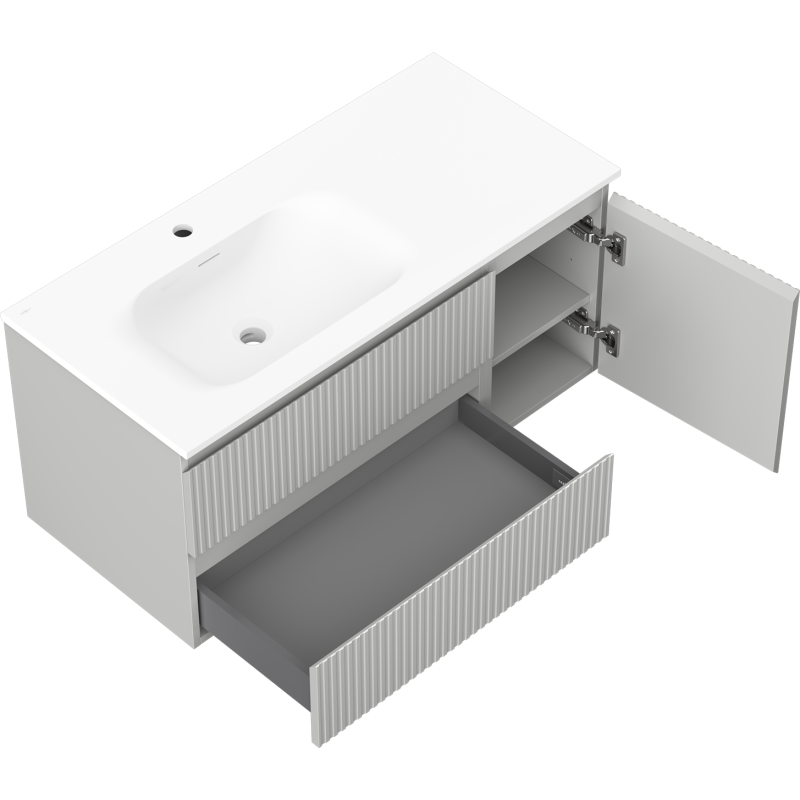 Mexen Rivel kúpeľňová skrinka 100 cm s ľavým umývadlom Vela, 2 zásuvky, 1 dvere, vrúbkovaná, sivá matná/biela matná