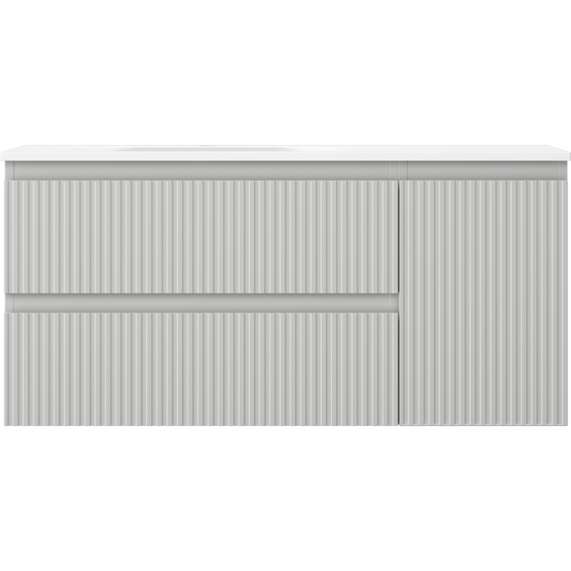 Mexen Rivel kúpeľňová skrinka 100 cm s ľavým umývadlom Vela, 2 zásuvky, 1 dvere, vrúbkovaná, sivá matná/biela matná