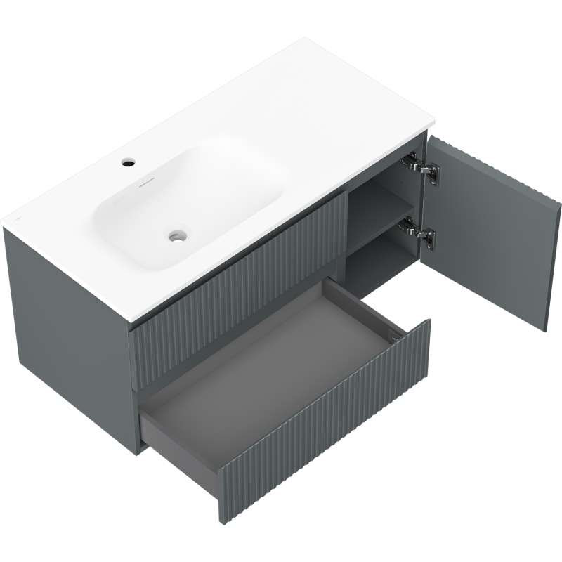 Mexen Rivel kúpeľňová skrinka 100 cm s umývadlom Vela ľavá, 2S, 1D, ryhovaná, grafit/biela matná - 91A23-10047-3-BBFFF66-W23L01