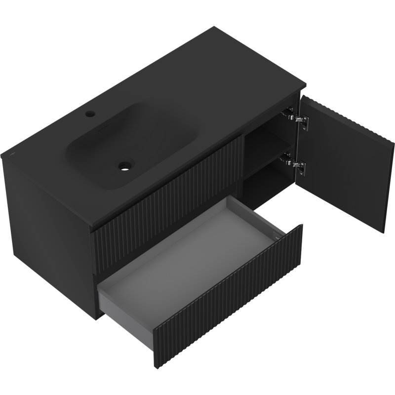 Mexen Rivel kúpeľňová skrinka 100 cm s umývadlom Vela ľavým, 2S, 1D, ryhovaná, čierna matná - 91A23-10047-3-BBFFF71-W23L71