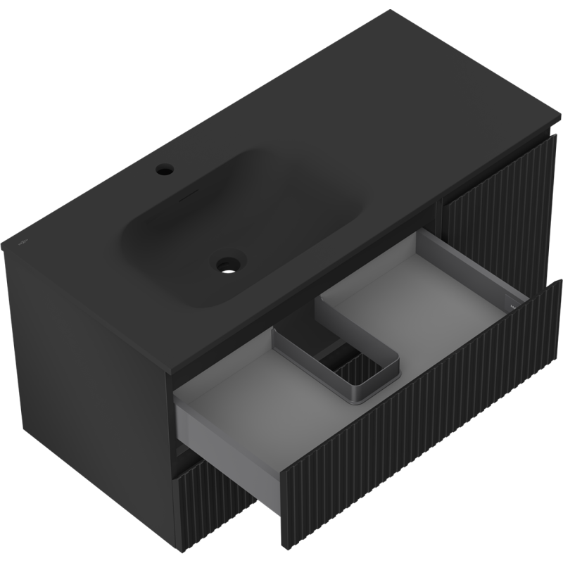 Mexen Rivel kúpeľňová skrinka 100 cm s umývadlom Vela ľavým, 2S, 1D, ryhovaná, čierna matná - 91A23-10047-3-BBFFF71-W23L71