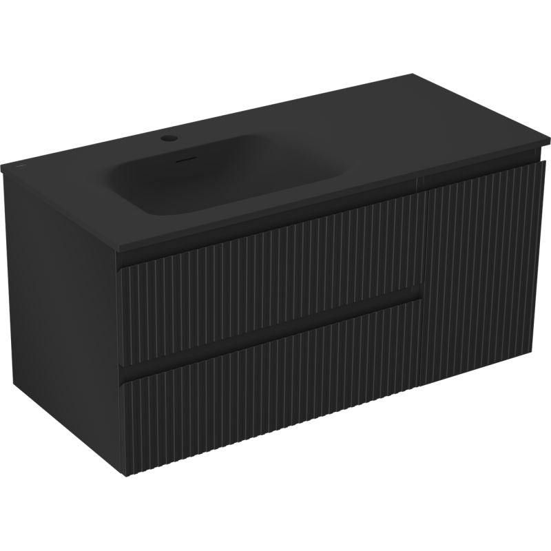 Mexen Rivel kúpeľňová skrinka 100 cm s umývadlom Vela ľavým, 2S, 1D, ryhovaná, čierna matná - 91A23-10047-3-BBFFF71-W23L71