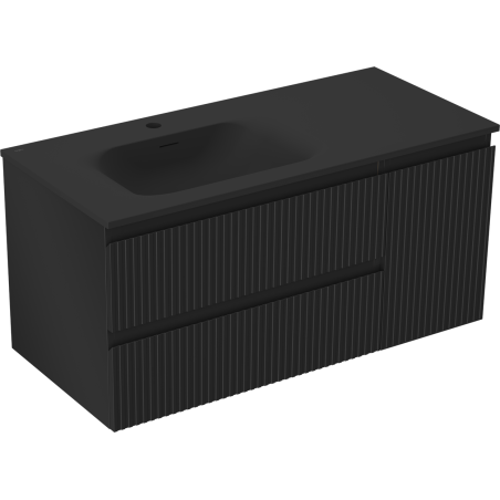 Mexen Rivel kúpeľňová skrinka 100 cm s umývadlom Vela ľavým, 2S, 1D, ryhovaná, čierna matná - 91A23-10047-3-BBFFF71-W23L71