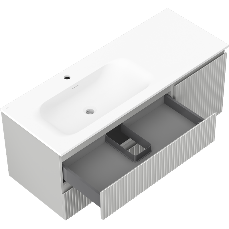 Mexen Rivel kúpeľňová skrinka 120 cm s umývadlom Vela ľavá, 2S, 1D, ryhovaná, sivá mat/biela mat