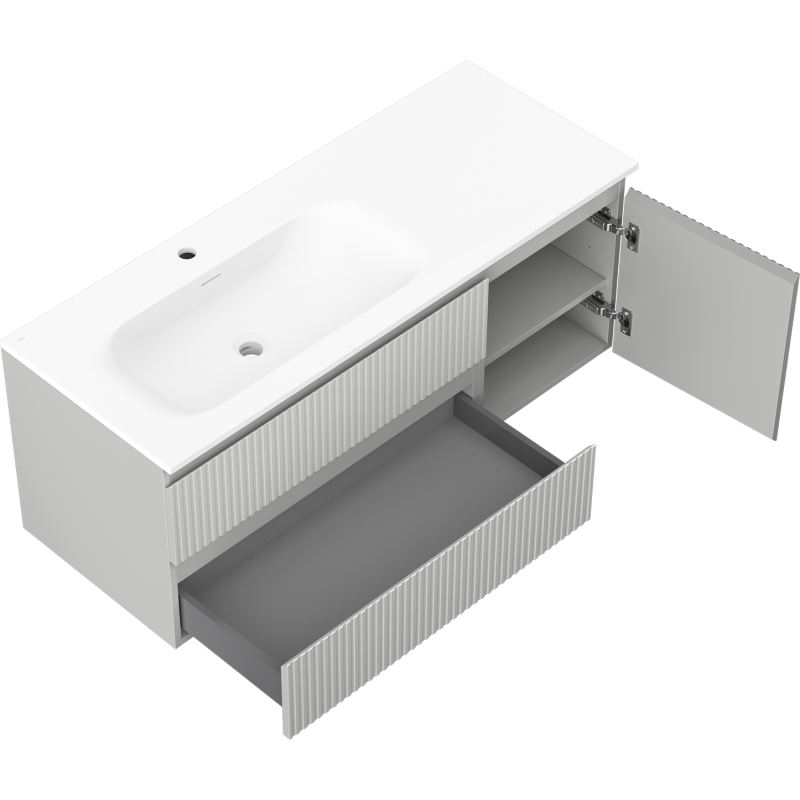 Mexen Rivel kúpeľňová skrinka 120 cm s umývadlom Vela ľavá, 2S, 1D, ryhovaná, sivá mat/biela mat