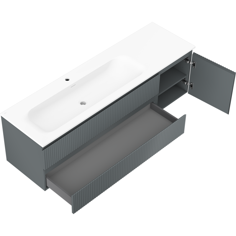 Mexen Rivel kúpeľňová skrinka 160 cm s umývadlom Vela ľavá, 2S, 1D, ryhovaná, grafit/biela matná - 91A23-16047-3-BBFFF66-W23L01