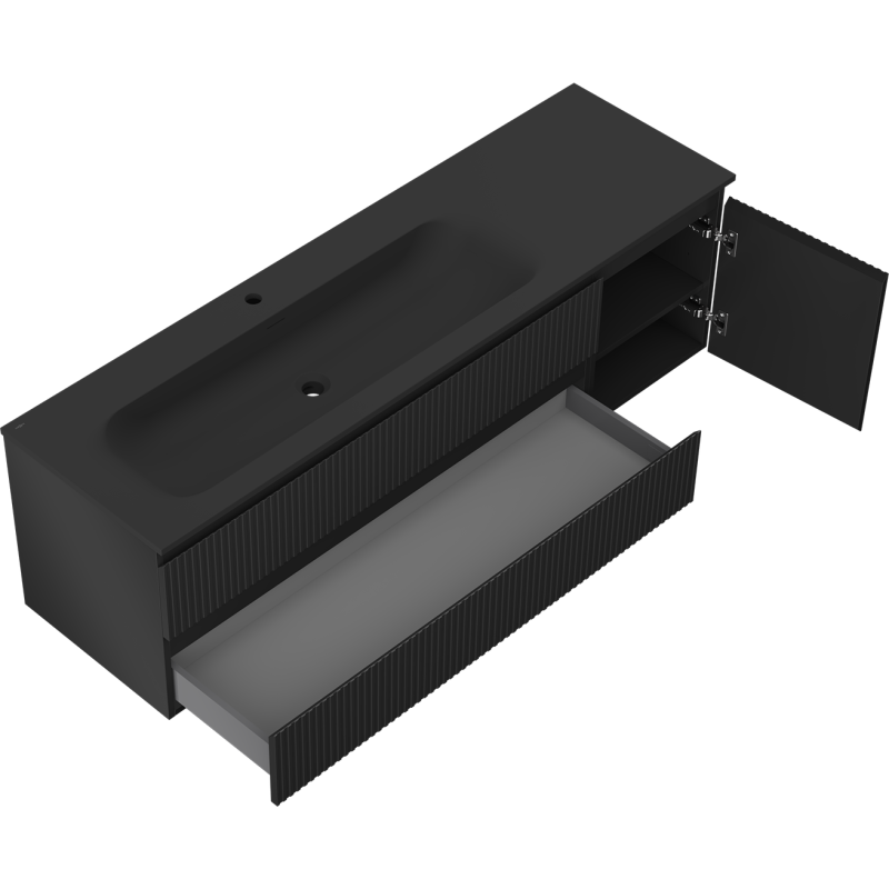 Mexen Rivel kúpeľňová skrinka 160 cm s umývadlom Vela ľavým, 2S, 1D, ryhovaná, čierna matná - 91A23-16047-3-BBFFF71-W23L71