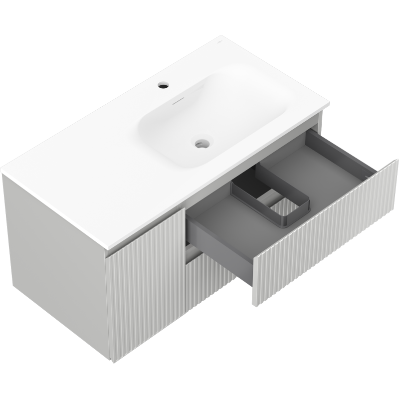 Mexen Rivel kúpeľňová skrinka 90 cm s umývadlom Vela pravá, 2Z, 1D, ryhovaná, šedá mat/ biela mat