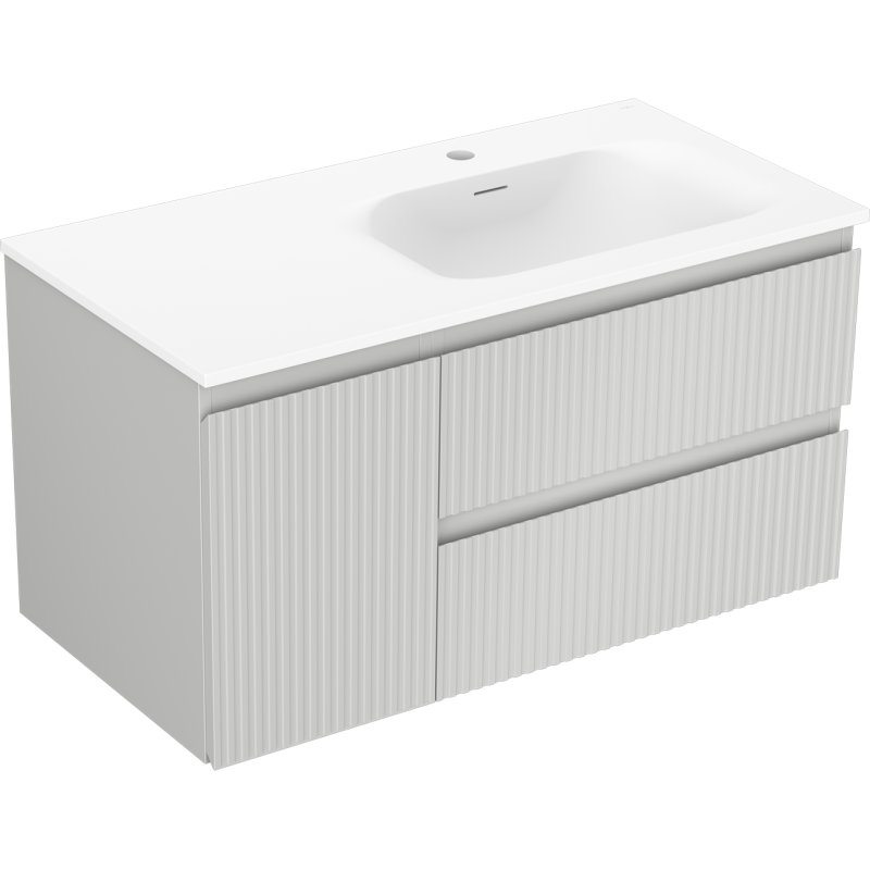 Mexen Rivel kúpeľňová skrinka 90 cm s umývadlom Vela pravá, 2Z, 1D, ryhovaná, šedá mat/ biela mat