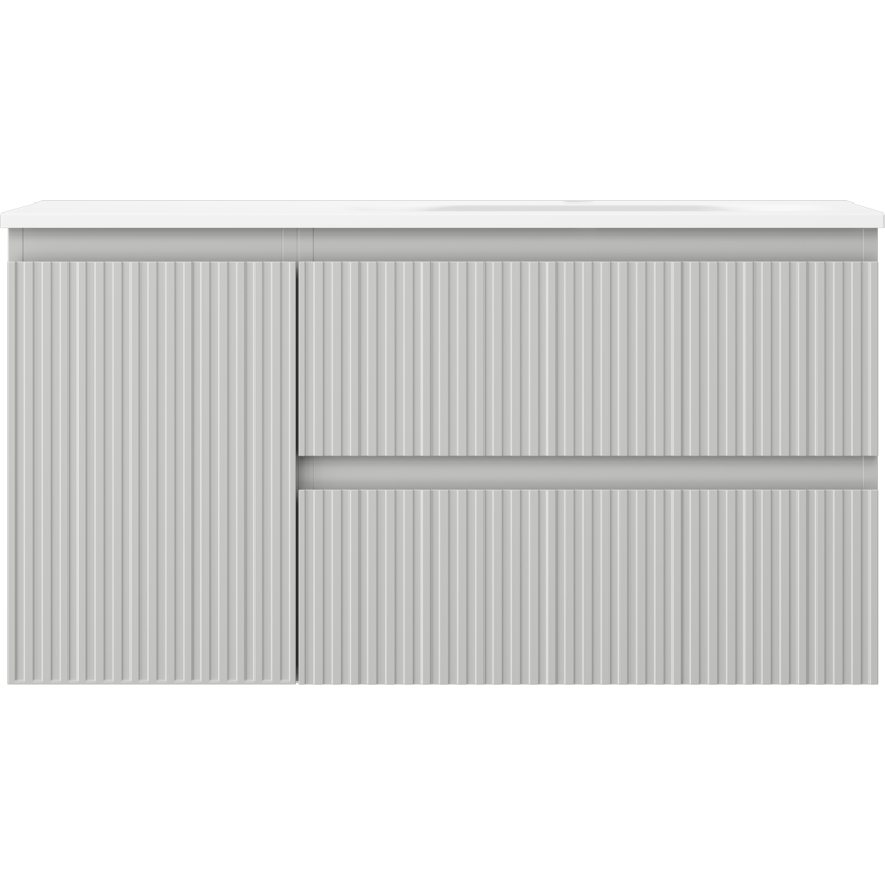 Mexen Rivel kúpeľňová skrinka 90 cm s umývadlom Vela pravá, 2Z, 1D, ryhovaná, šedá mat/ biela mat