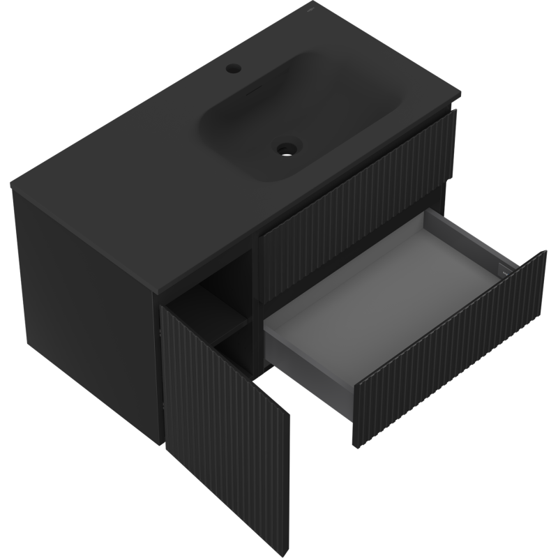 Mexen Rivel kúpeľňová skrinka 90 cm s umývadlom Vela pravá, 2S, 1D, ryhovaná, čierna mat - 91A23-09047-3-BBFFF71-W23P71