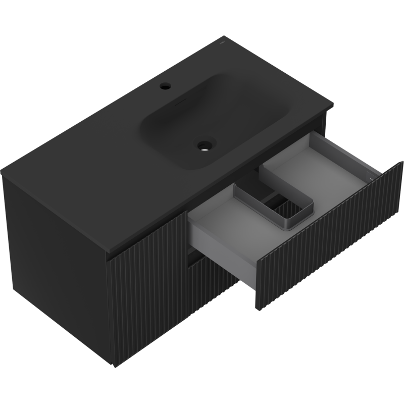 Mexen Rivel kúpeľňová skrinka 90 cm s umývadlom Vela pravá, 2S, 1D, ryhovaná, čierna mat - 91A23-09047-3-BBFFF71-W23P71