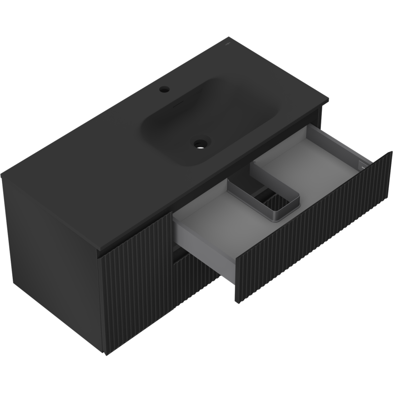 Mexen Rivel kúpeľňová skrinka 120 cm s umývadlom Vela pravá, 2S, 1D, ryhovaná, čierna matná - 91A23-10047-3-BBFFF71-W23P71