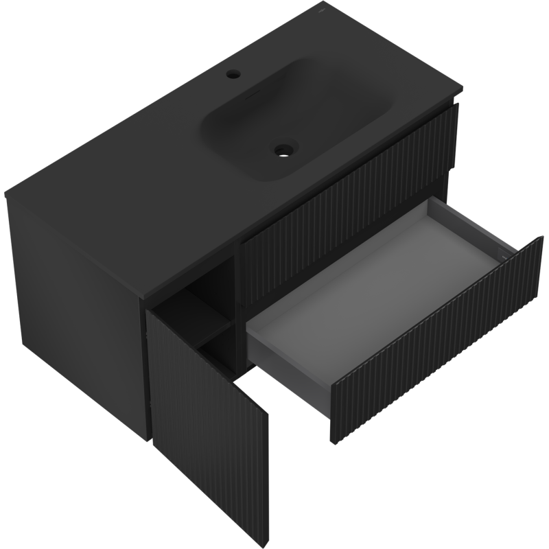 Mexen Rivel kúpeľňová skrinka 120 cm s umývadlom Vela pravá, 2S, 1D, ryhovaná, čierna matná - 91A23-10047-3-BBFFF71-W23P71
