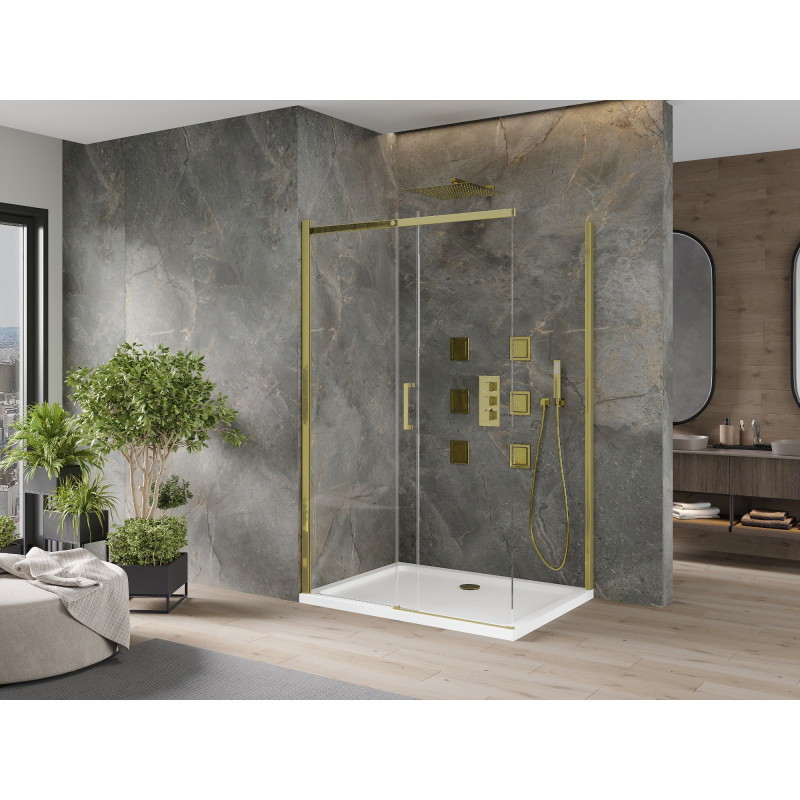 Mexen Omega posuvná sprchová kabína 130 x 80 cm, transparentná, zlatá + sprchová vanička Flat - 825-130-080-50-00-4010