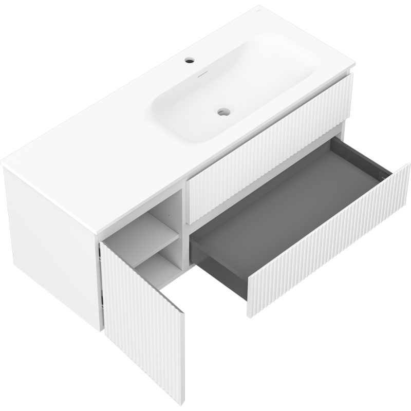 Mexen Rivel kúpeľňová skrinka 120 cm s umývadlom Vela pravá, 2S, 1D, ryhovaná, biela mat - 91A23-12047-3-BBFFF01-W23P01
